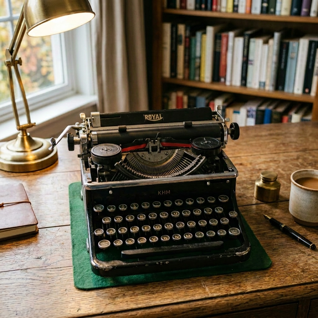 Vintage Royal typewriter with paper and classic novels on wooden desk